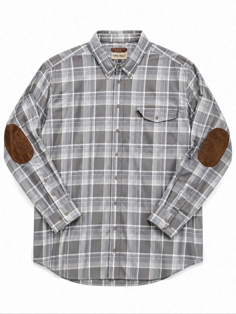 Oak Hill 3XLT Gray Plaid Button Down Shirt Elbow Patch Big & Tall